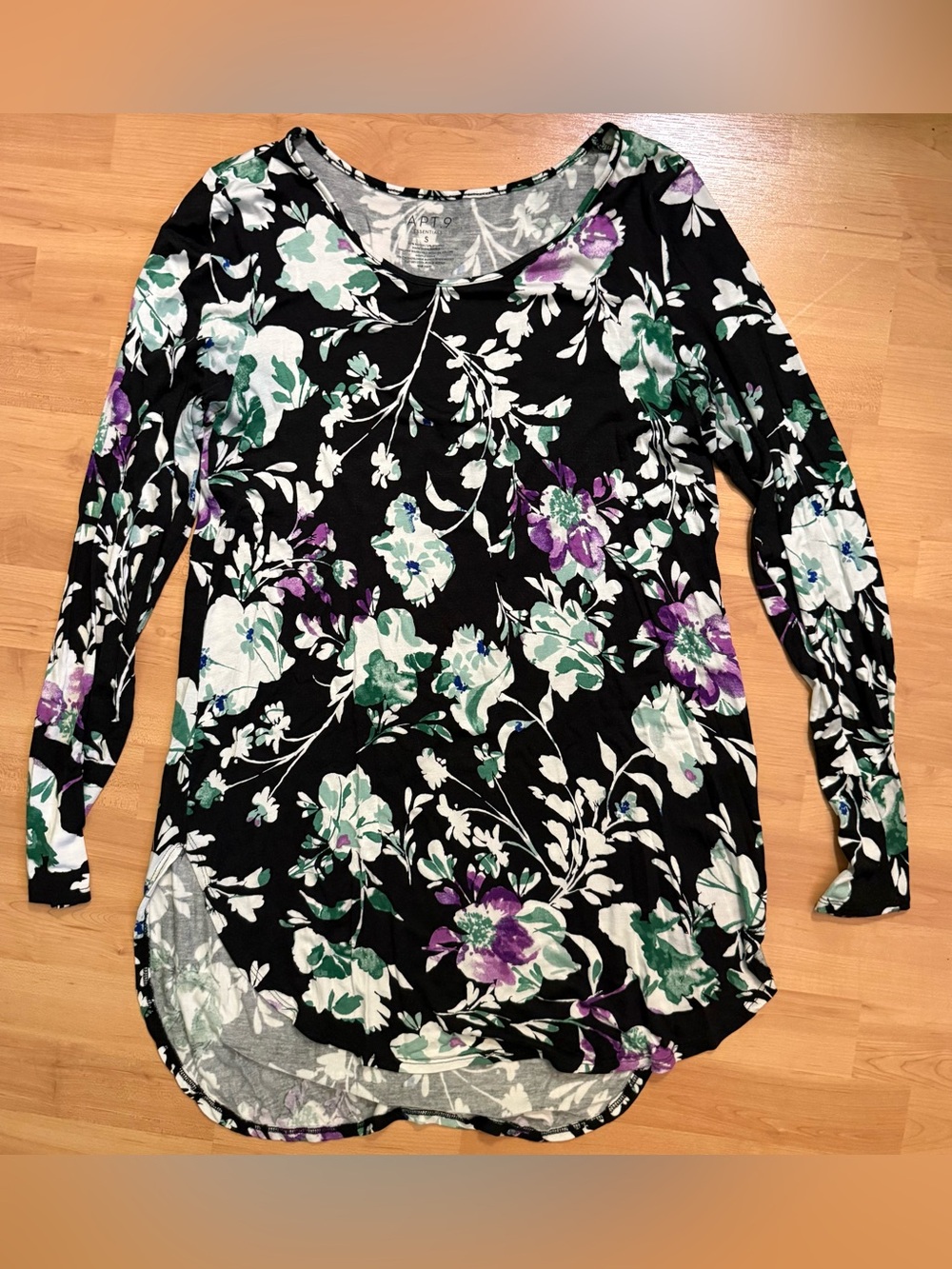 Apt. 9 Black Floral Long-Sleeve Scoop Neck Top - Purple & Green & White